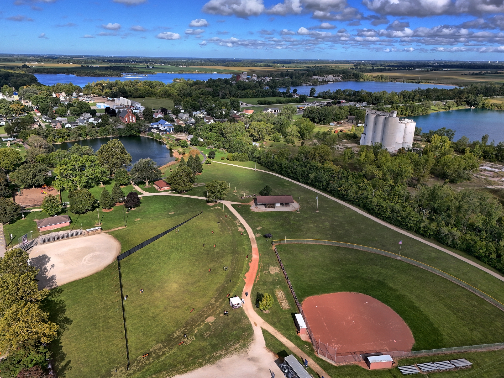 An aerial view of a baseball field captured by a drone.