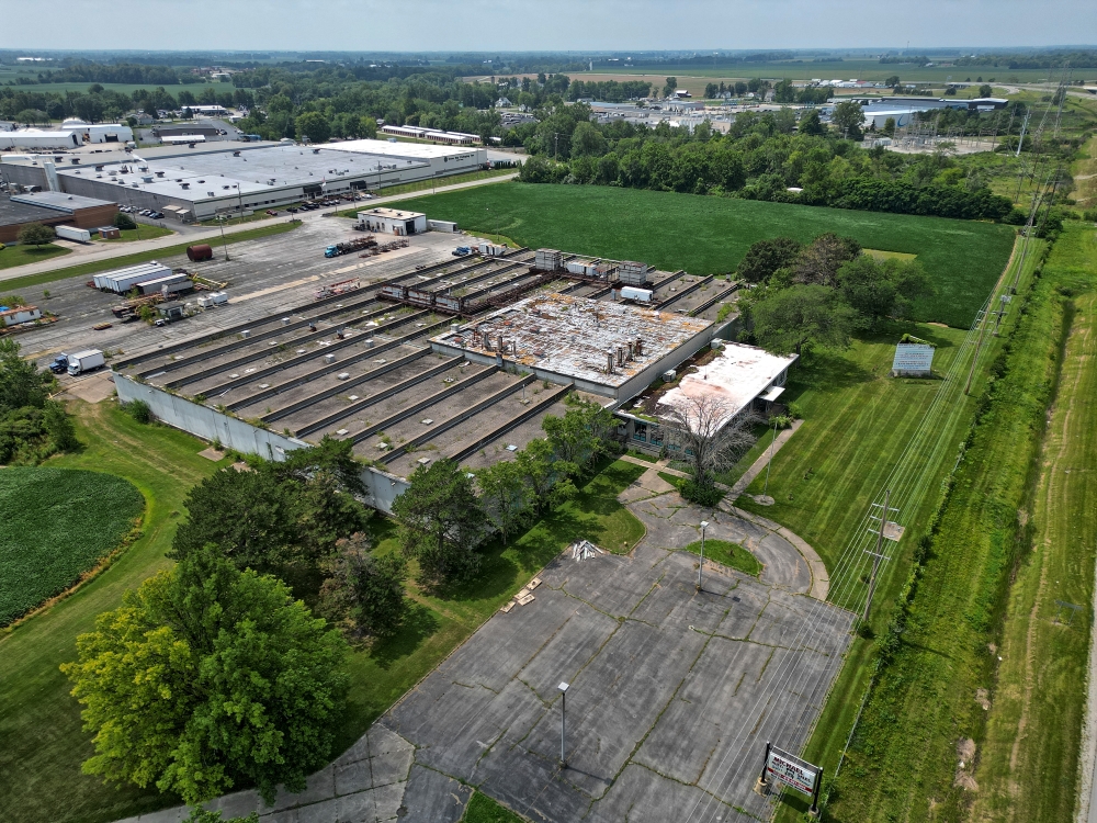An aerial view of an industrial building.