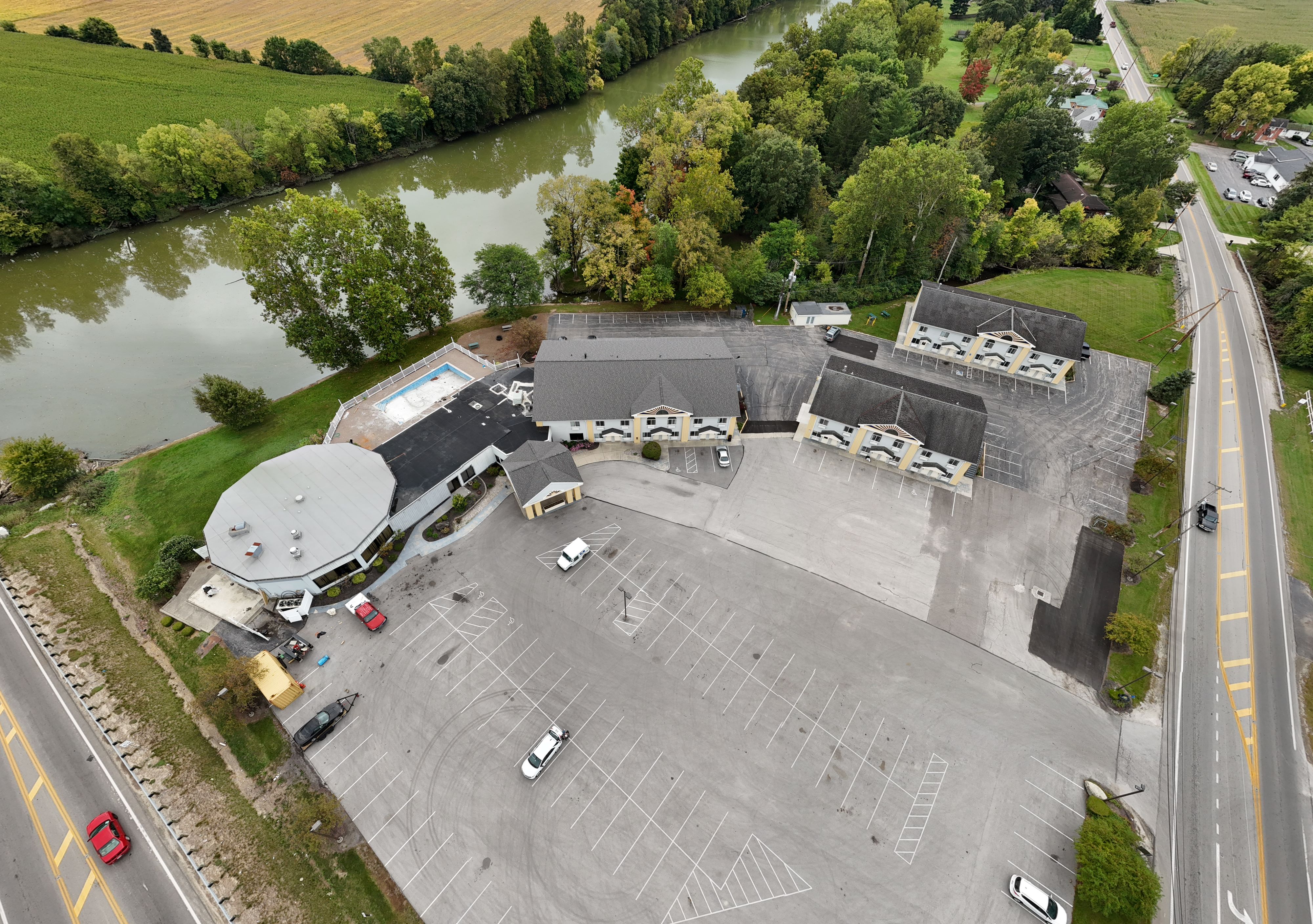 An aerial view of a commercial building captured by a drone.