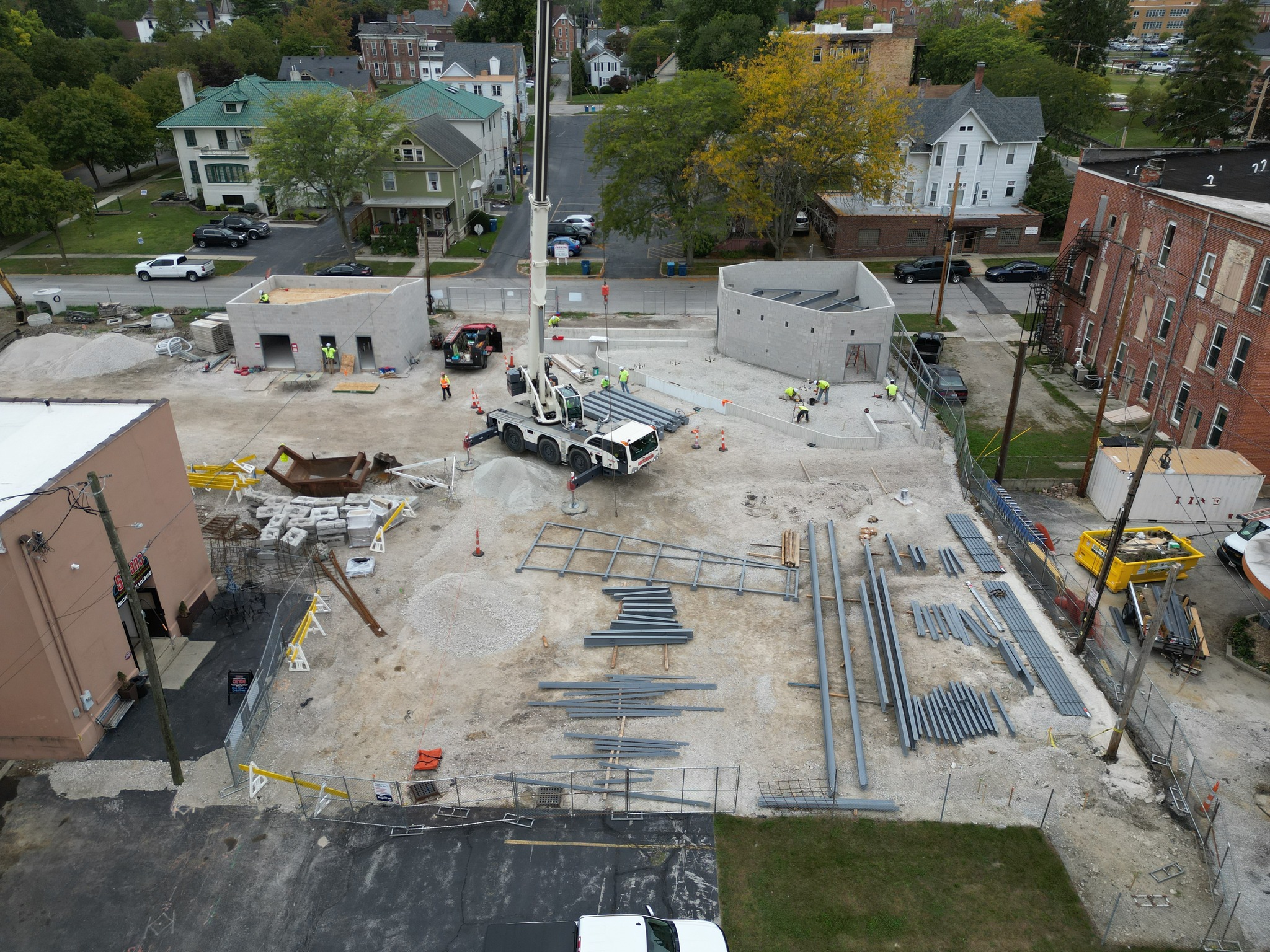 An aerial view of a construction site captured by a drone.
