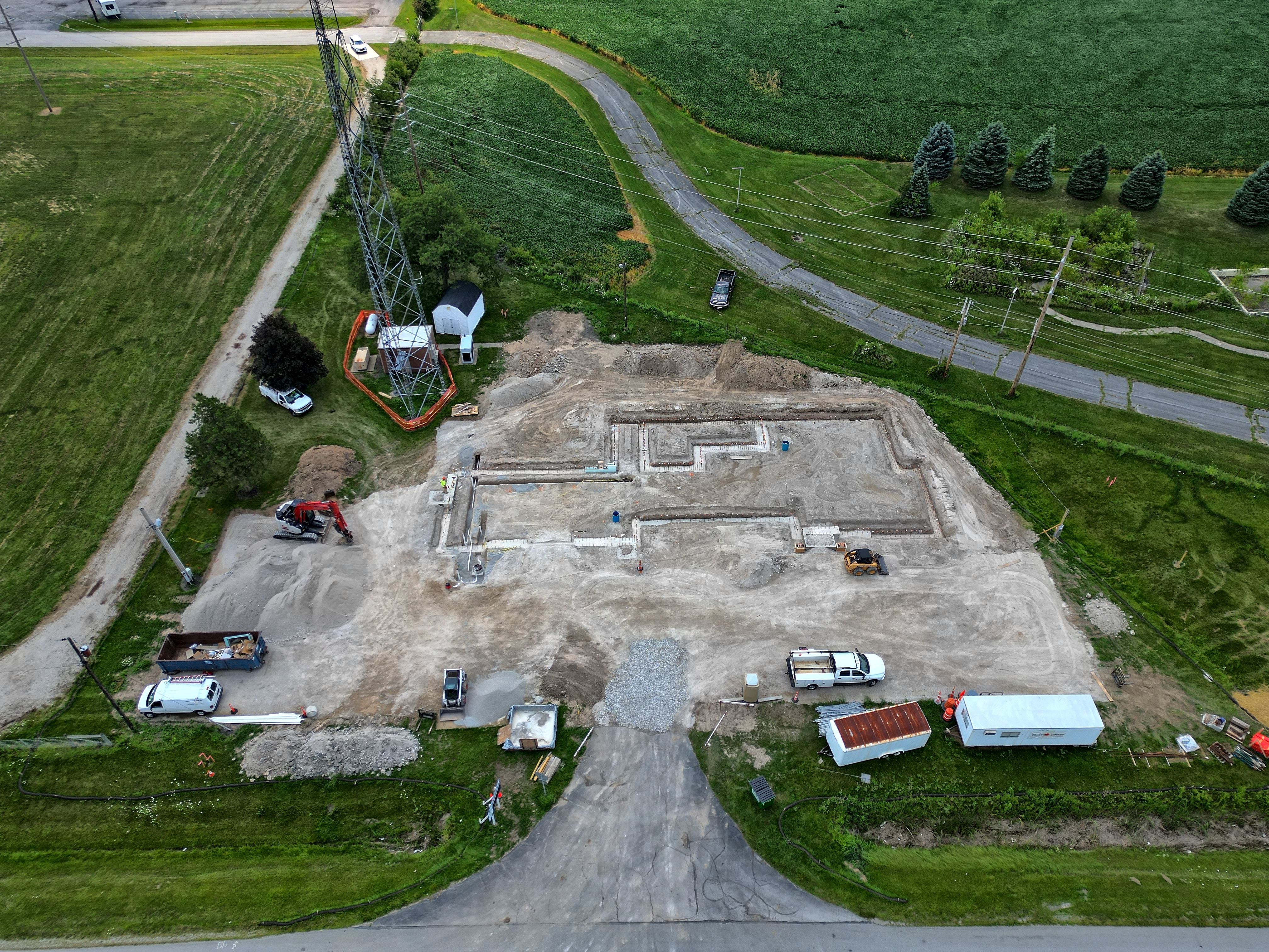 An aerial view of a construction site captured by a drone.